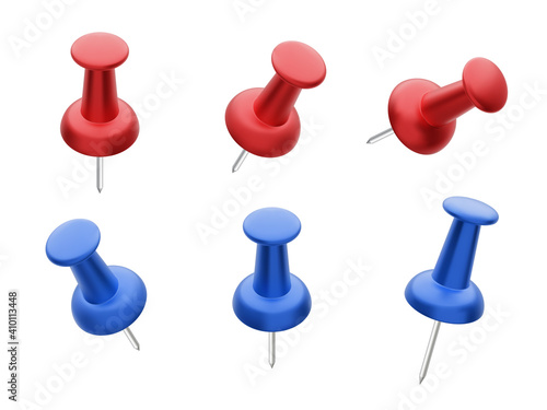 Collection of various red and blue push pins isolated on white background. Set of thumbtacks. Top view. Close up. Vector illustration.