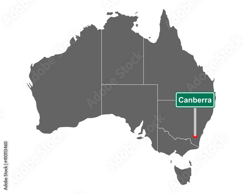 Ortsschild Canberra auf Landkarte von Australien