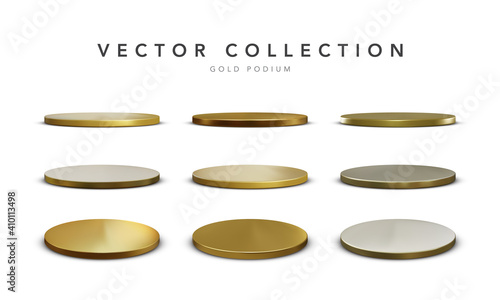 Set of realistic gold stage podium with shadow isolated on white background. Round winner pedestal. 3d empty platform. Vector illiustration