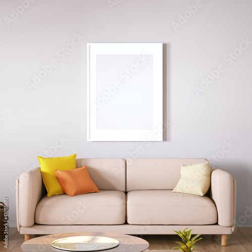 Room with Scandinavian Cozy Sofa, Side Tables and Wooden Floors, Empty Walls with Frame