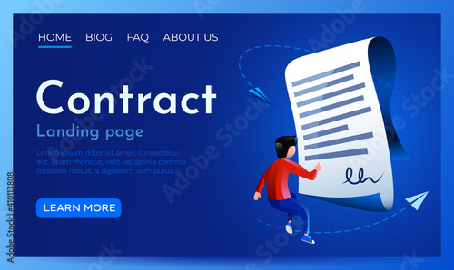 People fly around paper contract. Document, agreement or contract concept. Landing page website template.