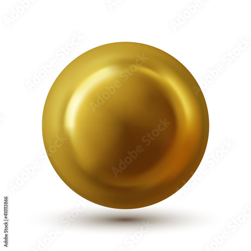 Gold sphere with shadow isolated on white background. Oil bubble Golden glossy 3d ball or precious pearl. Vector illustration
