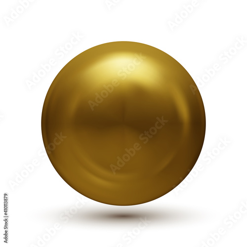 Gold sphere with shadow isolated on white background. Oil bubble Golden glossy 3d ball or precious pearl. Vector illustration