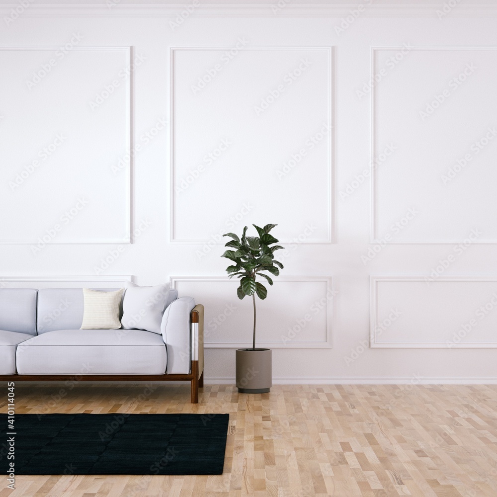 Room with Mid Century Elegant Sofa, Side Tables and Wooden Floors, Empty Walls with Frame Room with Mid Century Elegant Sofa, Side Tables and Wooden Floors, Empty Walls with Frame