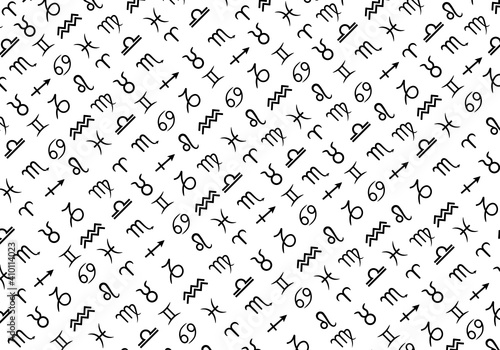Zodiac signs monochrome background, astrology symbols black and white background