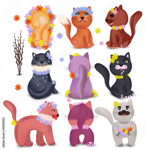 Cute cats in different poses with colorful flowers. Domestic  funny cats on white background. Colorful cats and Spring flowers. Vector icons