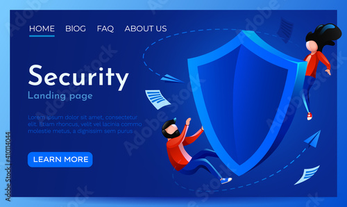 People fly around shield. Security, protection or confidentiality concept. Landing page website template.