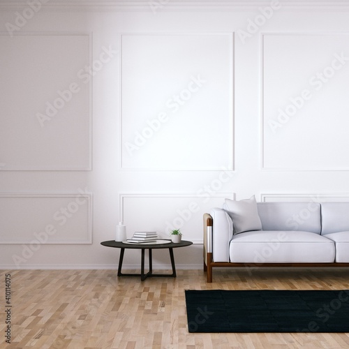 Room with Mid Century Elegant Sofa, Side Tables and Wooden Floors, Empty Walls with Frame © aytek