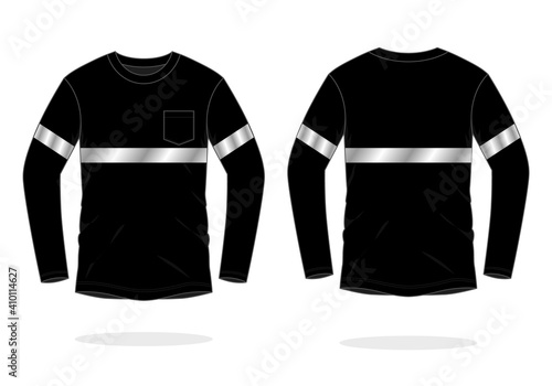 Safety Black Long Sleeve T-Shirt with Reflective Tape, One Pocket Design on White Background. Front and Back Views, Vector File.