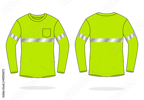 Safety Lime Long Sleeve T-Shirt with Reflective Tape Design on White Background. Front and Back Views, Vector File.