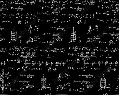 Retro education background. Trigonometry law theory, mathematical formulas and equations on chalkboard. Vector hand-drawn seamless pattern on blackboard.