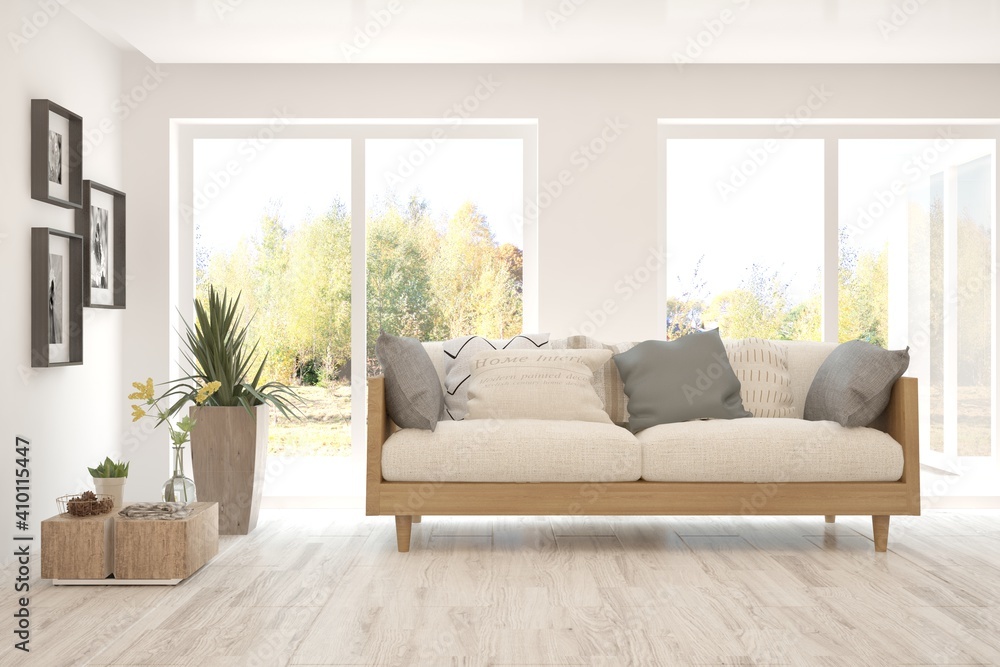 Fototapeta premium White living room with sofa. Scandinavian interior design. 3D illustration