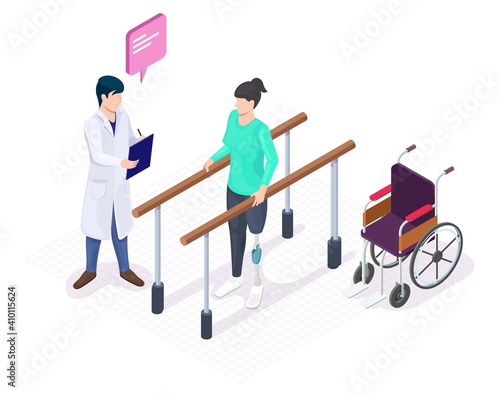 Isometric doctor physiotherapist helping female patient using leg prosthesis to take first step, flat vector illustration. Rehabilitation center, physical therapy treatment of people with disabilities