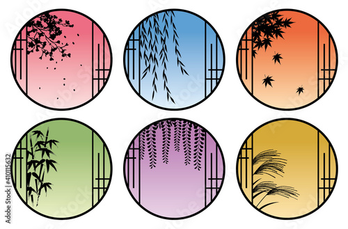 和室の丸窓から見える四季の植物