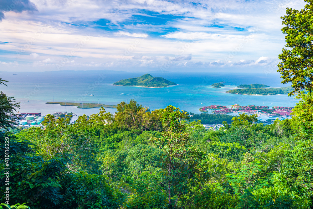 A view on Saint Anne Marine National Park and Eden island from a road on Mahe island in Seychelles