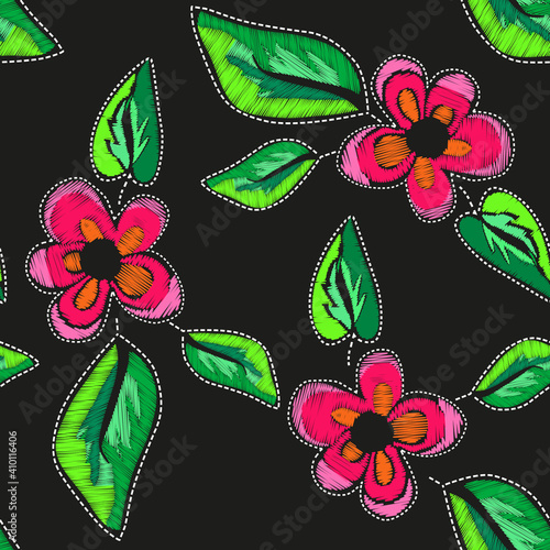 Embroidery Flowers Seamless Pattern