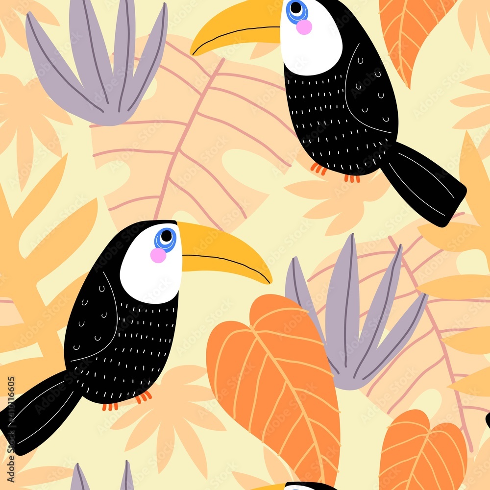Fototapeta premium Summer seamless pattern with cartoon toucans, tropical leaves, decor elements. Colorful vector, flat style, hand drawing. baby design for fabric, print, nursery wallpaper, textile