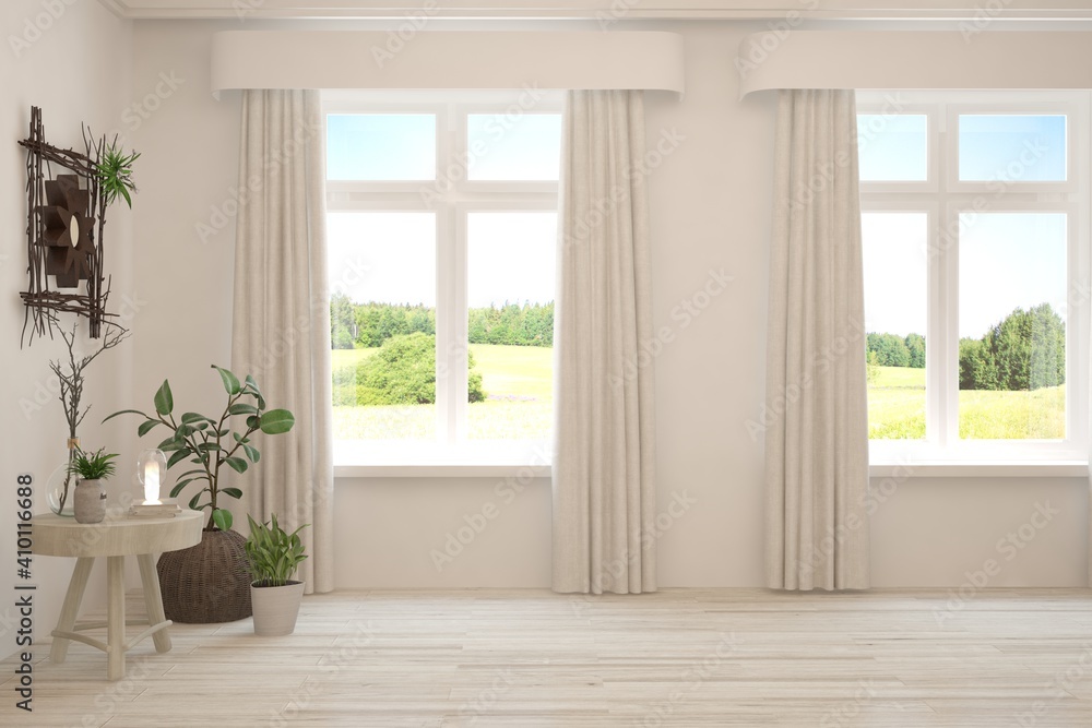 White empty room with summer landscape in window. Scandinavian interior design. 3D illustration White empty room with summer landscape in window. Scandinavian interior design. 3D illustration