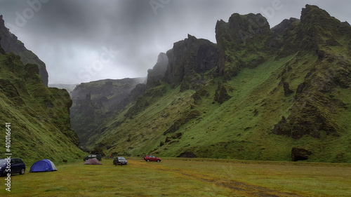 Travel to Iceland. Amazing landscape. Kerlingardalsvegur, Thakgil Campground in Iceland.