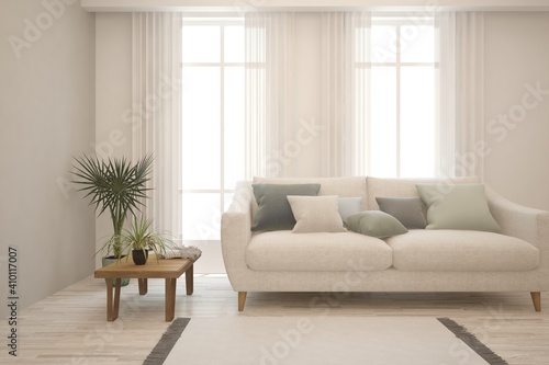 White living room with sofa. Scandinavian interior design. 3D illustration