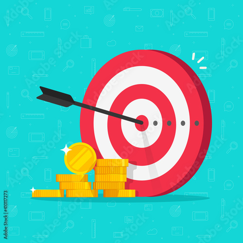 Financial target goal concept vector flat cartoon illustration, idea of marketing business money earnings aim, strategy achievement, success targeting audience modern design