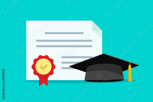 Graduation tuition diploma concept vector flat cartoon illustration, education college university hat with granted document certificate, idea of study learning achievement, congratulation modern