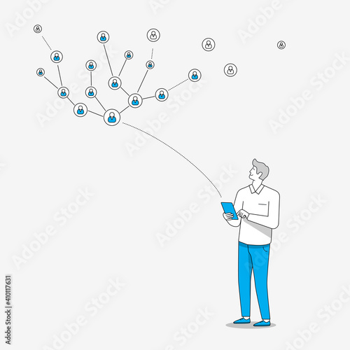 Man connected to social network, finding new contacts. Internet of things concept. Linear style illustration.