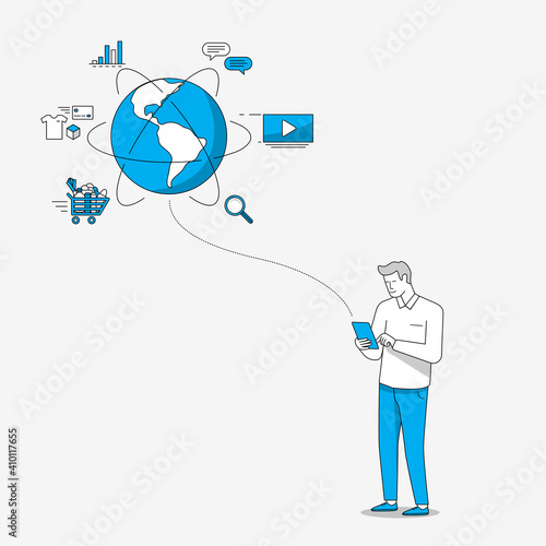 Man holding tablet connected to internet. Internet of things concept. Linear style illustration.