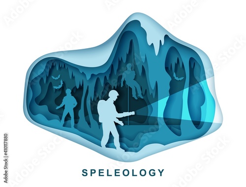 Speleology. Spelunker and bat silhouettes in underground cave, vector illustration in paper art style. Extreme exploration, scientific study of caves. Sport tourism.