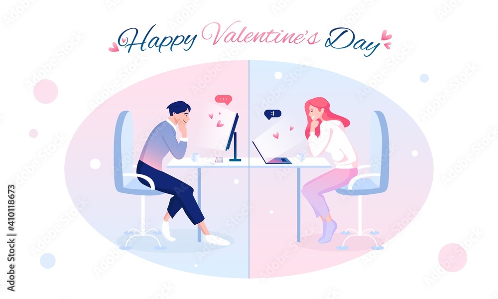 Lovers celebrating Valentines Day online
