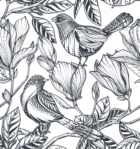 Wallpaper Mural Black and white vector floral seamless pattern of magnolia flowers, branches and birds. Torontodigital.ca