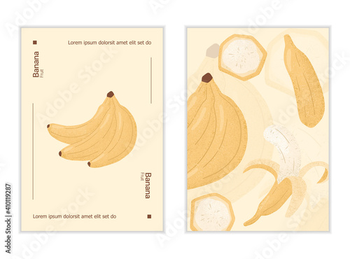Ripe and peeled bananas cards design. Sweet banana fruits vector hand drawn poster concept.