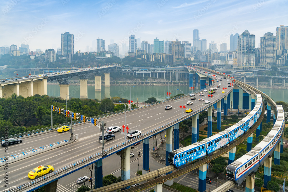 Light rail runs on bridges at high speed in Chongqing, China