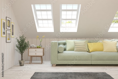 White living room with sofa. Scandinavian interior design. 3D illustration