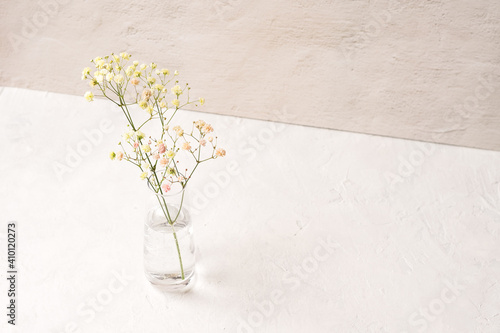 Fototapeta Naklejka Na Ścianę i Meble -  Beautiful fresh gypsophila inside water bottle on white table
