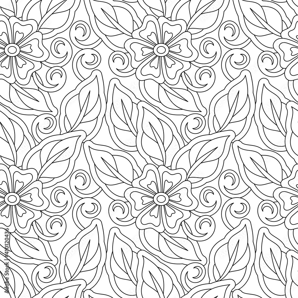 Monochrome seamless floral patterns. Texture coloring book with flowers and leaves.