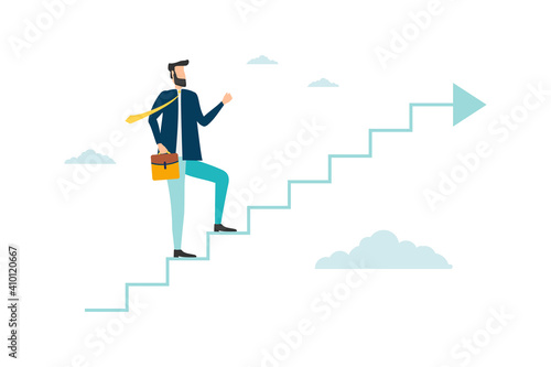 Successful man office worker character running upstairs to career stairs. Business strategy leader success business development start up concept. Vector flat cartoon graphic design illustration
