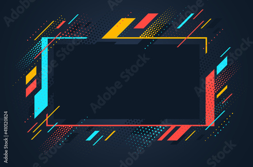 Artistic colorful frame with different elements over dark, vector abstract background art style bright shiny colors, geometric design.