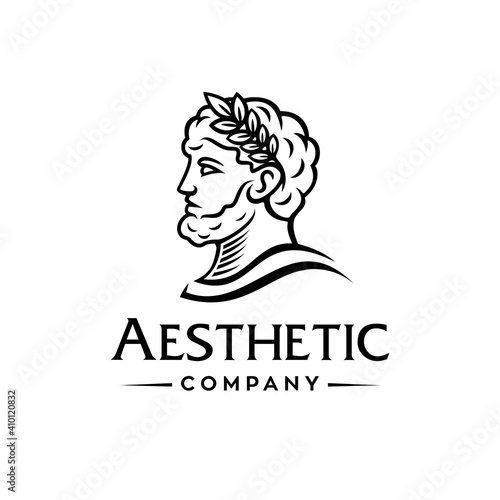 Greek god head wearing laurel wreath statue icon logo design Illustration vector in trendy minimal and simple line style.Ancient Greek Figure Face Head Statue Sculpture.