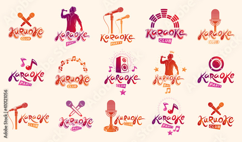 Karaoke party or club logos and emblems vector set isolated, singing music nightlife entertainment weekend theme, microphones and musical notes compositions.