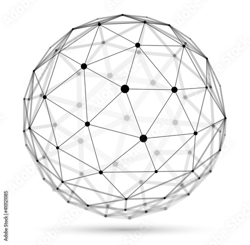 Abstract 3D mesh sphere vector illustration  dots connected with lines technology polygonal object isolated on white background  dynamic lattice with realistic depth of field effect.