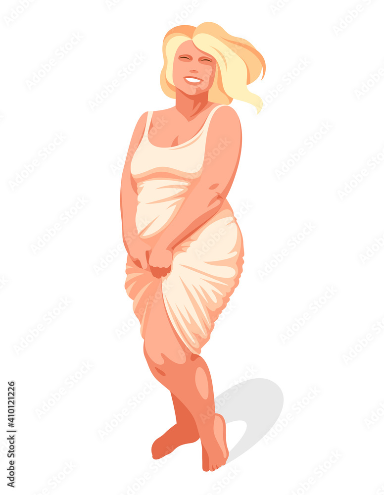 Attractive and sexy plus size woman isolated on white, vector illustration concept of body positivity health and happiness, love and accept your body idea.