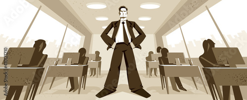 Big boss director stands in center of office with employees confident serious and angry vector illustration, bad boss despot and tyrant concept, manager in control of work process.