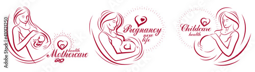 Pregnant woman vector hand drawn illustrations set isolated on white background, prenatal pregnancy baby shower theme, beautiful female motherhood new life.