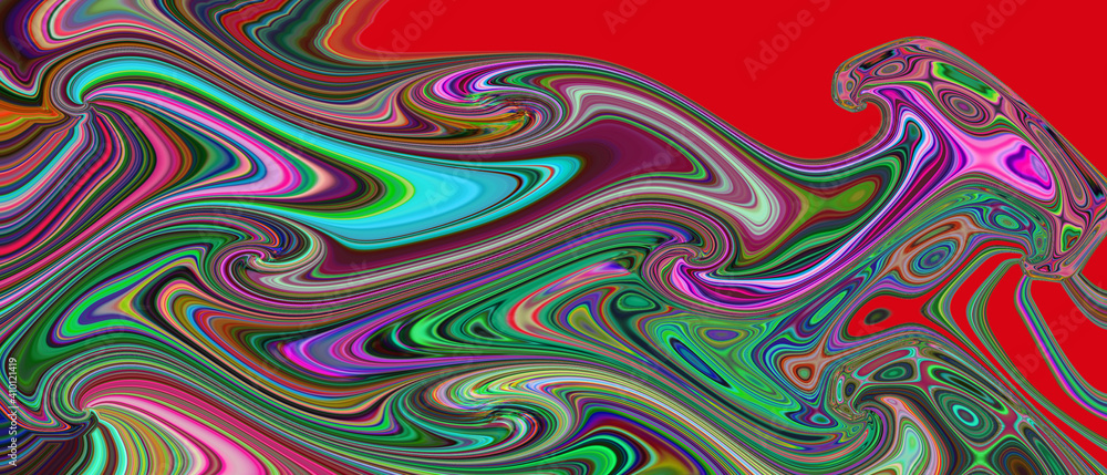 Obraz premium multicolored chaotic wavy lines on a red background. Motley background. Tangled fluorescent pattern. Panoramic backdrop.