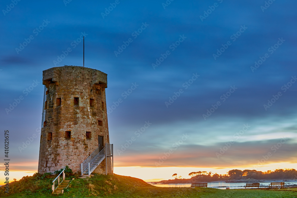 Image of Le Hocq Jersey Tower at sunset, Jersey, Channel Islands Image of Le Hocq Jersey Tower at sunset, Jersey, Channel Islands