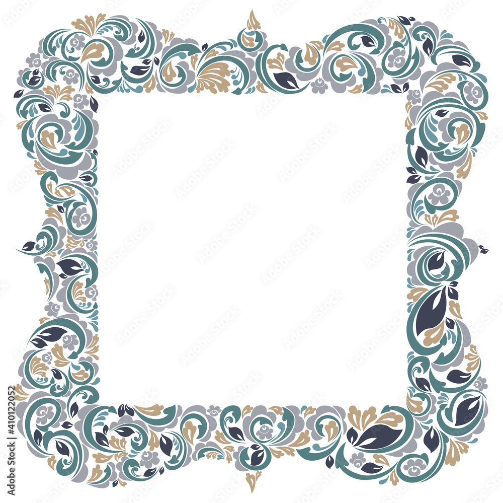 Floral frame made of leaves and flowers vector vintage design, decorative blank classic style border, luxury beautiful background, invitation or greeting card with place for text.