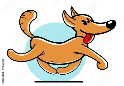 Funny cartoon dog running brave and positive vector flat style illustration isolated on white, cute and adorable domestic animal friend.