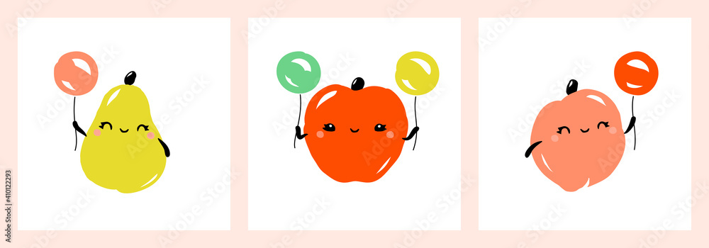 Kawaii characters of pear, apple and peach. Cute happy fruits with multicolored balloons. Vector illustration for greeting card, fabrics prints or poster Kawaii characters of pear, apple and peach. Cute happy fruits with multicolored balloons. Vector illustration for greeting card, fabrics prints or poster