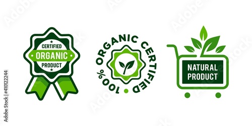 certified organic Set of labels and stickers for green organic food and drink, and natural product. Vector illustration concepts for web design, packaging design 